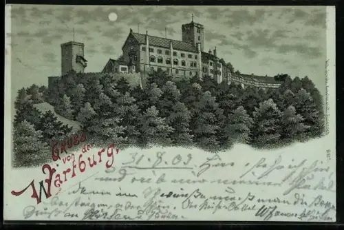 Mondschein-Lithographie Wartburg, Blick auf die Burg
