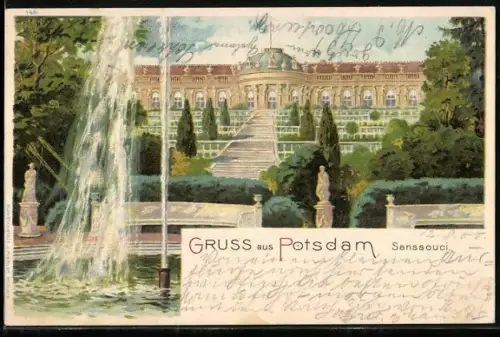 Lithographie Potsdam, Schloss Sanssouci, Parkansicht mit Brunnen