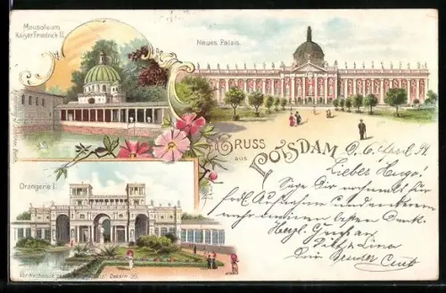 Lithographie Potsdam, Neues Palais, Mausoleum Kaiser Friedrich III., Orangerie I