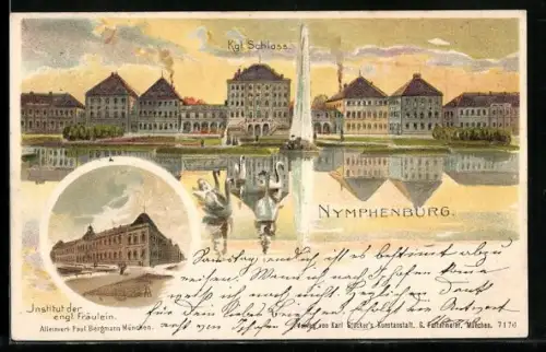 Lithographie Nymphenburg, Kgl. Schloss, Uferpartie und Institut der engl. Fräulein