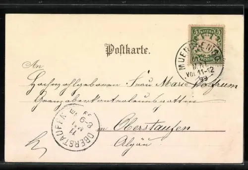 Lithographie Nymphenburg, Kgl. Schloss, Uferpartie und Institut der engl. Fräulein