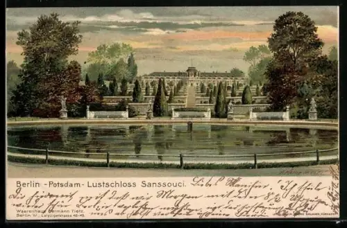 Lithographie Potsdam, Schloss Sanssouci, Blick auf Brunnen und Gartenanlagen