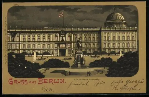 Lithographie Berlin, Königliches Schloss mit Denkmal bei Nacht