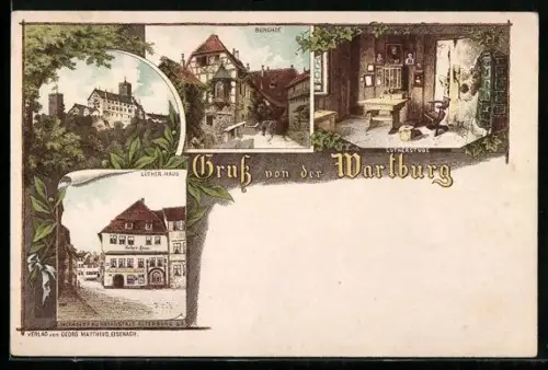 Lithographie Wartburg, Burghof, Luther Haus, Lutherstube