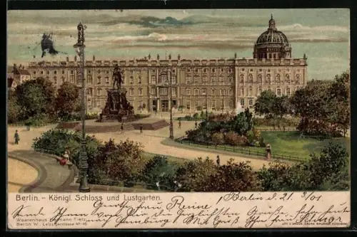 Lithographie Berlin, Königliches Schloss, Lustgarten und Denkmal