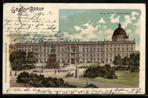 Lithographie Berlin, Königliches Schloss, Lustgartenseite mit Denkmal