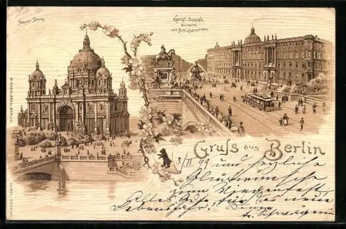 Lithographie Berlin, Königliches Schloss, Südseite mit Brunnen und Neuem Dom