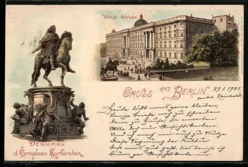Lithographie Berlin, Königliches Schloss, Denkmal d. Grossen Kurfürsten