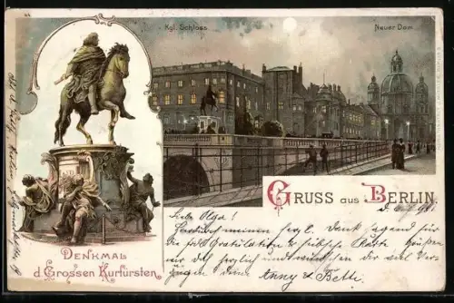 Lithographie Berlin, Königliches Schloss, Denkmal d. Grossen Kurfürsten und Neuer Dom