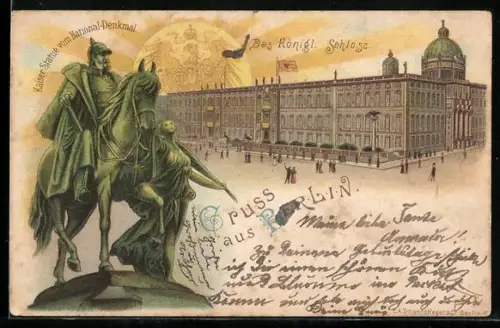 Lithographie Berlin, Königliches Schloss, Kaiser Statue vom National-Denkmal