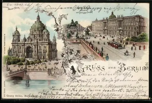 Lithographie Berlin, Königliches Schloss, Südseite mit Schlossbrunnen und Neuer Dom