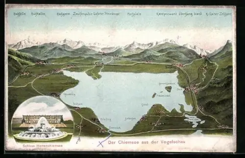 AK Herrenchiemsee, Schloss Herrenchiemsee, Der Chiemsee aus der Vogelschau