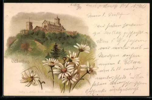 Lithographie Wartburg, Blick aus dem Tal auf die Burg