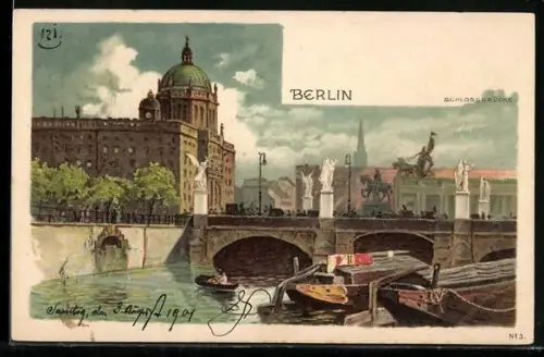 Lithographie Berlin, Königliches Schloss, Schlossbrücke und Booten
