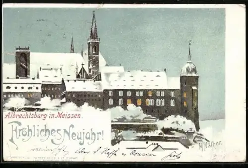 Lithographie Meissen, Die Albrechtsburg im Winter