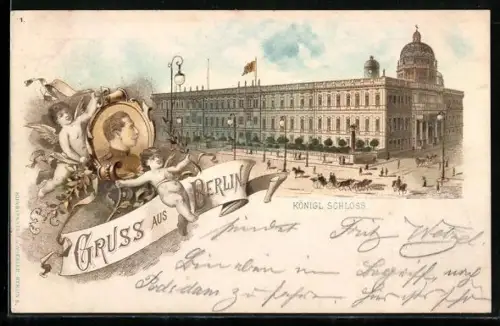 Lithographie Berlin, Königliches Schloss, Strassenpartie und Kutschen