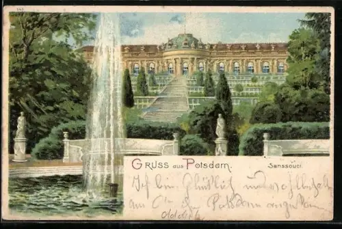 Lithographie Potsdam, Schloss Sanssouci mit Brunnen
