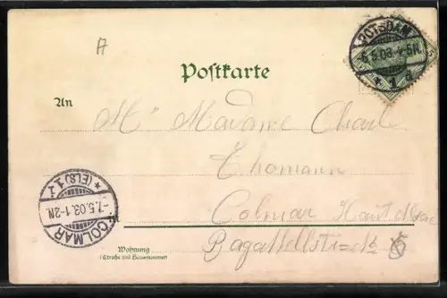 Lithographie Potsdam, Schloss Sanssouci mit Brunnen