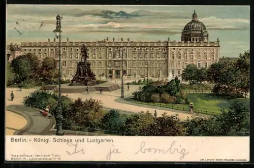 Lithographie Berlin, Königliches Schloss, Lustgartenseite mit Passanten