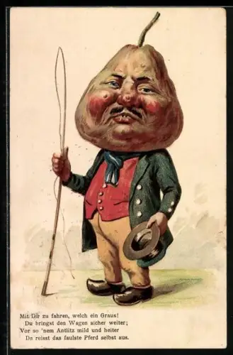 Künstler-AK Mann im Anzug mit Birnen-Kopf, Mit Dir zu fahren, welch ein Graus!