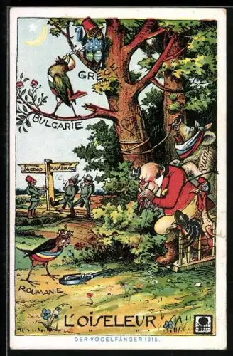 Künstler-AK Karikatur, Der Vogelfänger John Bull, Griechische Eule, Türkischer Soldat