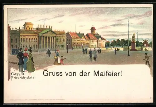Künstler-AK Kassel, Gruss von der Maifeier, Friedrichsplatz