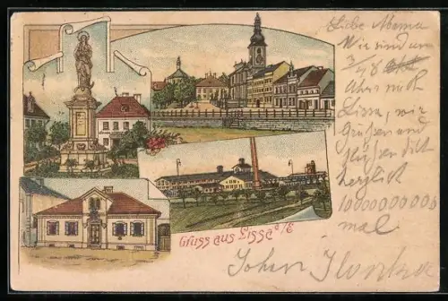 Lithographie Lissa a. d. Elbe, Gasthaus, Denkmal, Fabrik und Strassenpartie
