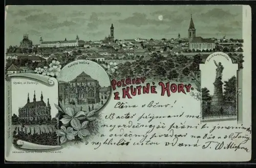 Mondschein-Lithographie Kutná Hora, Kamená kasna, Chrám sv. Barbory, Pomník Karla Havlicka