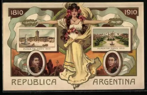 Präge-Lithographie Buenos Aires, Plaza de Mayo, 1810 y 1910