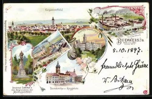 Lithographie Budweis / Ceske Budejovice, Bleistift- und Tonwarenfabrik, Bräuhaus, Lanna-Denkmal, Gesamtansicht