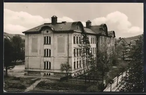 AK Olbernhau /Erzgeb., Seitenansicht der Grundschule mit Grünanlagen
