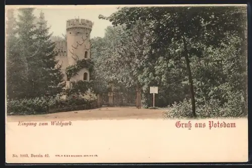 AK Potsdam, Eingang zum Wildpark mit Turm