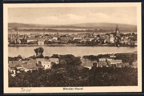 AK Werder / Havel, Totalansicht mit Kirchen, Häuser und Havel