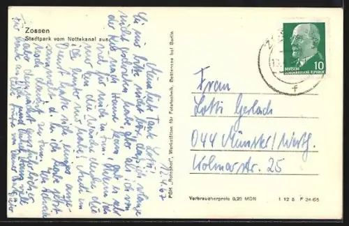 AK Zossen, Stadtpark vom Nottekanal aus, Blick auf Kirche