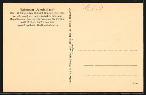 AK Ober-Ricklingen, Restaurant Vereinshaus, Inh. Heinrich Mensing