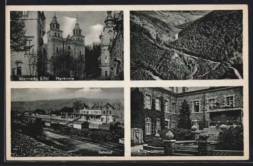 AK Malmedy /Eifel, Pfarrkirche, Bahnhof, Kriegerdenkmal