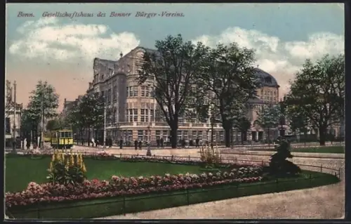 AK Bonn, Gesellschaftshaus des Bonner Bürger-Vereins, Strassenbahn, Gaststätte Weinstuben Emil Temme