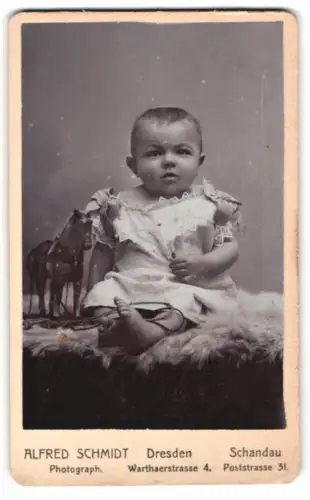 Fotografie Alfred Schmidt, Dresden, kleines Kind mit Holzpferd auf Fell sitzend