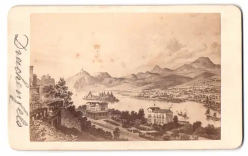 Fotografie unbekannter Fotograf, Ansicht Königswinter, Blick vom Drachenfels nach dem Ort, nach einem Gemälde