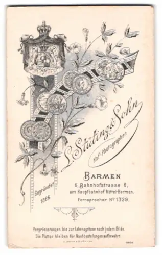 Fotografie L. Stüting & Sohn, Barmen, kgl. Wappen nebst Medailen und Anschrift des Atelier