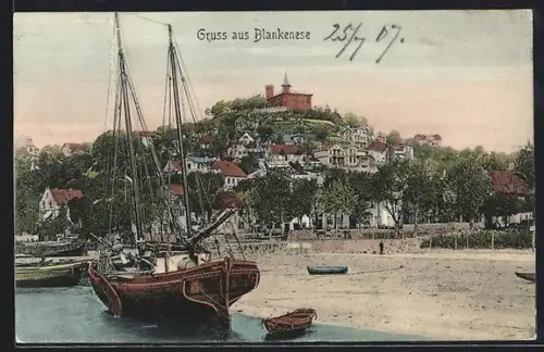 AK Hamburg-Blankenese, Ortsansicht vom Elbstrand aus, Segelboot