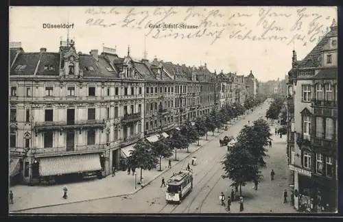 AK Düsseldorf, Graf Adolf-Strasse mit Strassenbahn