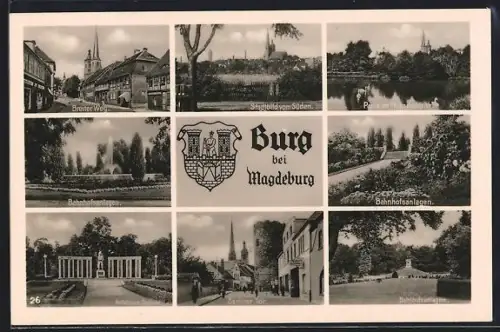AK Burg bei Magdeburg, Breiter Weg, Stadtbild v. Süden, Berliner Tor, Gefallenen-Denkmal