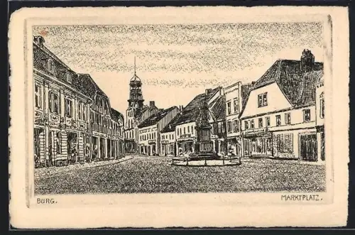 Künstler-AK Burg / Anhalt, Marktplatz mit Denkmal