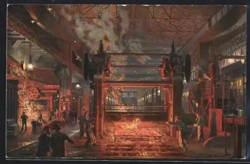 Künstler-AK Essen, Fried. Krupp AG, Gusstahlfabrik, Fabrikarbeiter im Panzerplatten-Walzwerk