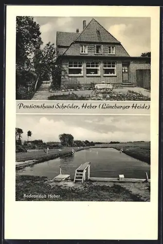 AK Heber /Lüneburger Heide, Gast- u. Pensionshaus Schröder, Badeanstalt Heber