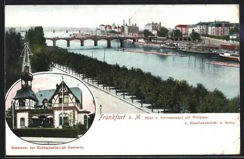 AK Frankfurt-Sachsenhause, Schaumainkai auf Wilhelm- und Eisenbahnbrücke, Bootshaus Rudergesellschaft Germania 1869