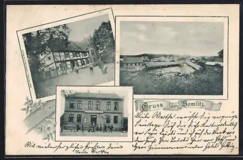 AK Bomlitz, Gasthof Richard Helbig, Ortspanorama, Fachwerkhaus