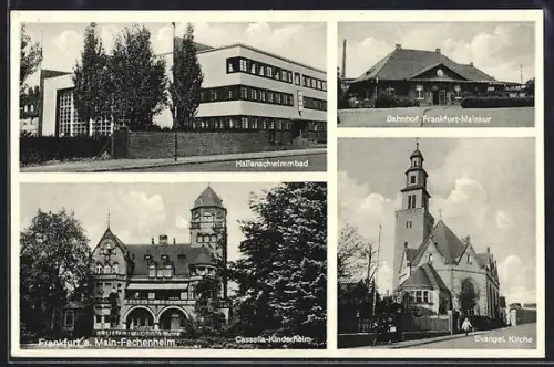 AK Frankfurt-Fechenheim, Hallenschwimmbad im Bauhaus-Stil, Cassella-Kinderheim, Bahnhof Mainkur