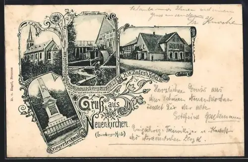 AK Neuenkirchen /Lüneburger Heide, H. W. Baden`s Hotel, Sägemühle, Kriegerdenkmal